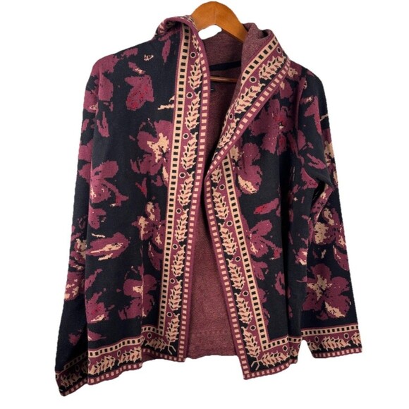 Rachel Zoe Large Hooded Jacket Sweater Long Sleeve Maroon Floral Pattern - Picture 1 of 5